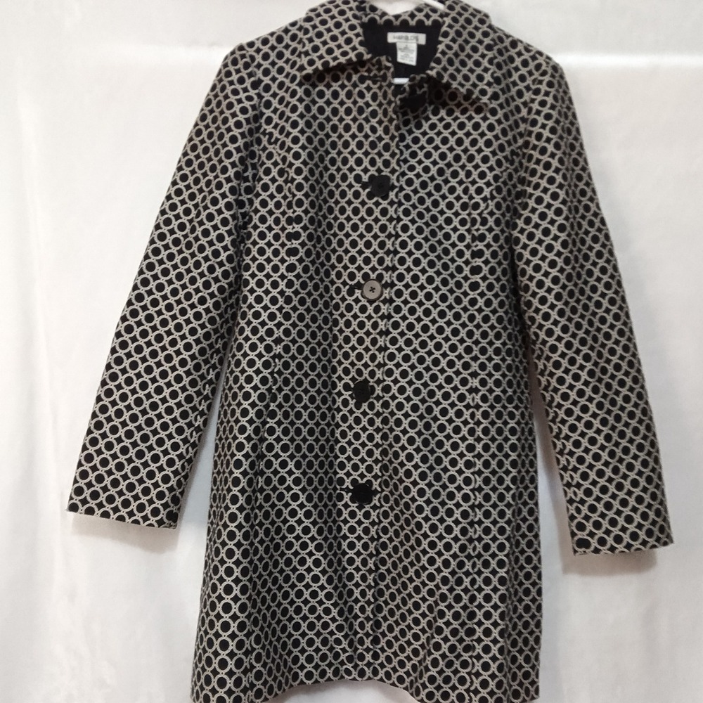 Vtg Harolds Womens S Black White Geometric Jacquard Button Front Car Coat Jacket